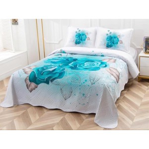 Cuvertura pat dublu, din bumbac tip finet, Identica cu Poza, 3 PIESE, Turquoise, trandafiri