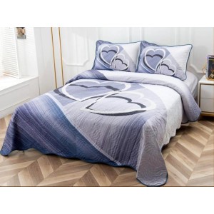 Cuvertura pat dublu, din bumbac tip finet, Identica cu Poza, 3 PIESE, Gri albastrui, inimioare