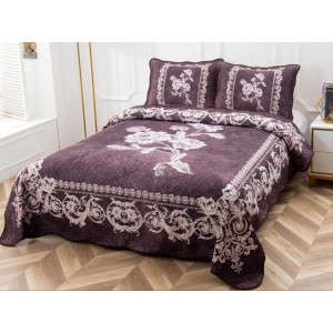 Cuvertura pat dublu, din bumbac tip finet, Identica cu Poza, 3 PIESE, Maro, floral