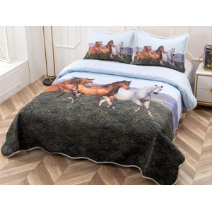 Cuvertura pat dublu, din bumbac tip finet, Identica cu Poza, 3 PIESE, Bleu, cai