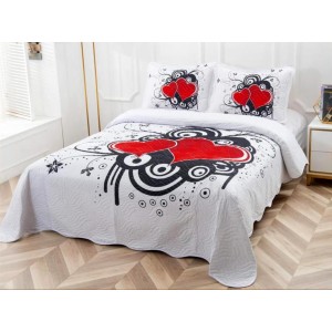 Cuvertura pat dublu, din bumbac tip finet, Identica cu Poza, 3 PIESE, Rosu, inimioare