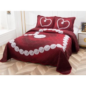 Cuvertura pat dublu, din bumbac tip finet, Identica cu Poza, 3 PIESE, Rosu, inimioare