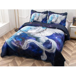 Cuvertura pat dublu, din bumbac tip finet, Identica cu Poza, 3 PIESE, Albastru, unicorn