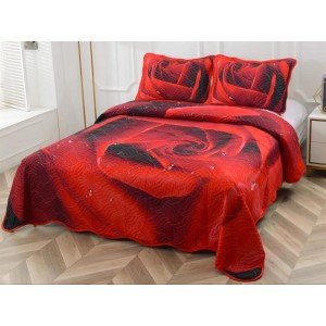 Cuvertura pat dublu, din bumbac tip finet, Identica cu Poza, 3 PIESE, Rosu, trandafiri