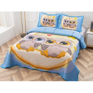 Cuvertura pat dublu, din bumbac tip finet, Identica cu Poza, 3 PIESE, Albastru, bufnite