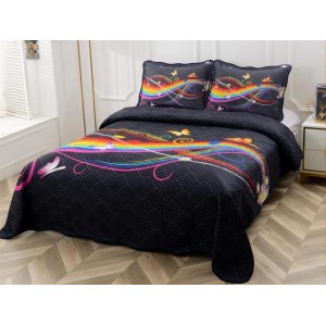 Cuvertura pat dublu, din bumbac tip finet, Identica cu Poza, 3 PIESE, Negru, fluturasi