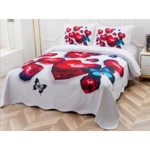 Cuvertura pat dublu, din bumbac tip finet, Identica cu Poza, 3 PIESE, Rosu, inimioare, fluturasi