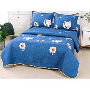 Cuvertura pat 1 PERSOANA din Bumbac Satinat Superior, 3 PIESE, Albastru, flori, pisicute