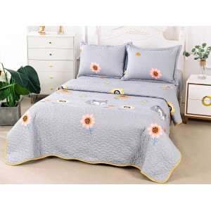 Cuvertura pat 1 PERSOANA din Bumbac Satinat Superior, 3 PIESE, Gri, flori, pisicute