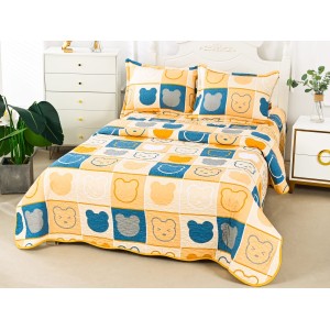 Cuvertura pat 1 PERSOANA din Bumbac Satinat Superior, 3 PIESE, Albastru-Galben, ursuleti