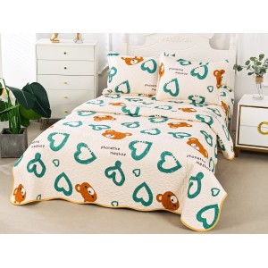 Cuvertura pat 1 PERSOANA din Bumbac Satinat Superior, 3 PIESE, Crem-Verde, inimioare, ursuleti