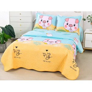 Cuvertura pat 1 PERSOANA din Bumbac Satinat Superior, 3 PIESE, Multicolor, porcusori