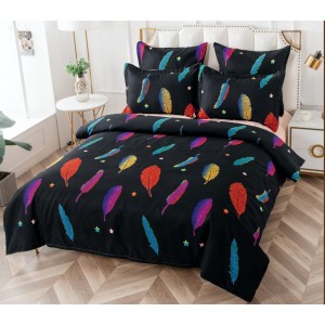 Lenjerie pat dublu, BUMBAC FINET, 6 piese, CU ELASTIC, Negru-Multicolor, pene