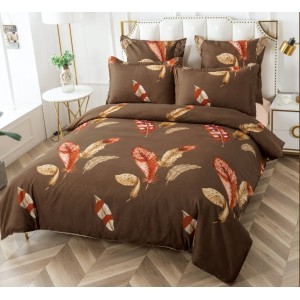 Lenjerie pat dublu, BUMBAC FINET, 6 piese, CU ELASTIC, Maro-Bej, pene