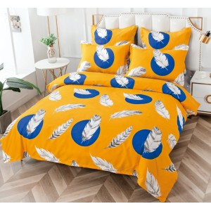 Lenjerie pat dublu, BUMBAC FINET, 6 piese, CU ELASTIC, Galben-Multicolor, pene