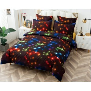 Lenjerie pat dublu, BUMBAC FINET, 6 piese, CU ELASTIC, Negru-Multicolor, stelute