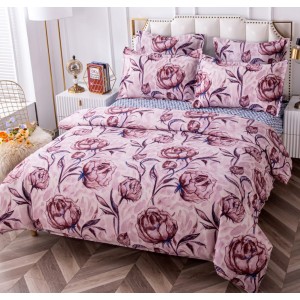 Lenjerie pat dublu, BUMBAC FINET, 6 piese, CU ELASTIC, Crem-Multicolor, flori