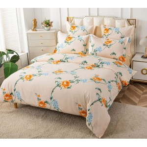 Lenjerie pat dublu, BUMBAC FINET, 6 piese, CU ELASTIC, Crem-Albastru, flori