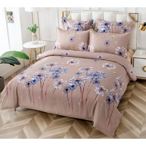 Lenjerie pat dublu, BUMBAC FINET, 6 piese, CU ELASTIC, Bej-Albastru, flori, papadii