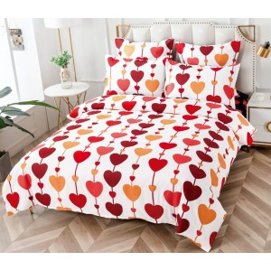 Lenjerie pat dublu, BUMBAC FINET, 6 piese, CU ELASTIC, Alb-Rosu, inimioare