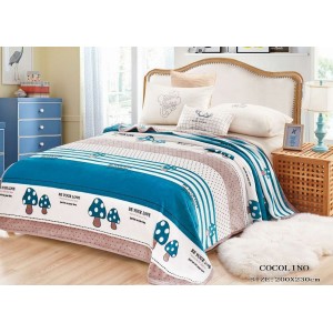 Patura pufoasa cocolino 200x230cm, 300gr/mp, Alb-Bleu, Ciuperci, Dungi