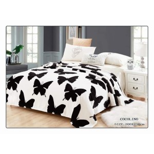 Patura pufoasa cocolino 200x230cm, 300gr/mp, Alb-Negru, Fluturi