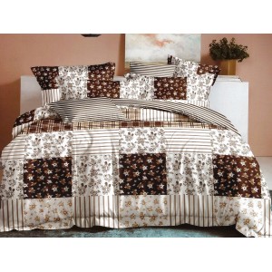 Lenjerie pat dublu, Pucioasa Romania, 4 piese, Bumbac Satinat Superior, Maro, flori