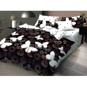 Lenjerie pat dublu, Pucioasa Romania, 4 piese, Bumbac Satinat Superior, Maro, oriental, fluturi, inimioare
