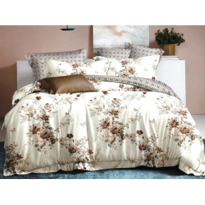 Lenjerie pat dublu, Pucioasa Romania, 4 piese, Bumbac Satinat Superior, Bej, fluturi, flori