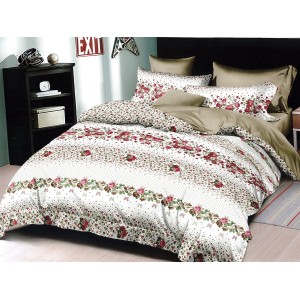 Lenjerie pat dublu, Pucioasa Romania, 4 piese, Bumbac Satinat Superior, Crem-Roz, flori