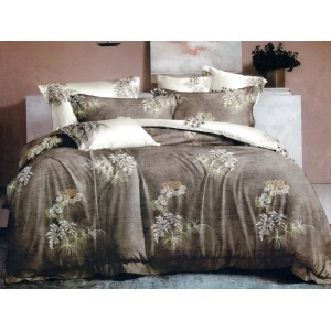 Lenjerie pat dublu, Pucioasa Romania, 4 piese, Bumbac Satinat Superior, Maro, flori