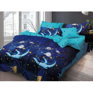 Lenjerie pat dublu, Pucioasa Romania, 4 piese, Bumbac Satinat Superior, Albastru, balene, stelute, inimioare