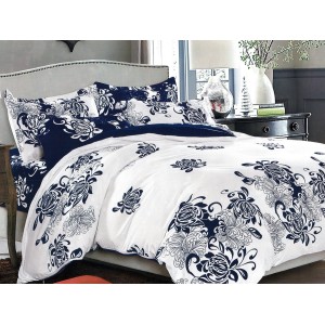 Lenjerie pat dublu, Pucioasa Romania, 4 piese, Bumbac Satinat Superior, Alb-Albastru, floral
