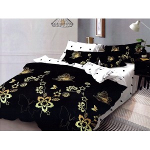Lenjerie pat dublu, Pucioasa Romania, 4 piese, Bumbac Satinat Superior, Negru-Auriu, flori, fluturi