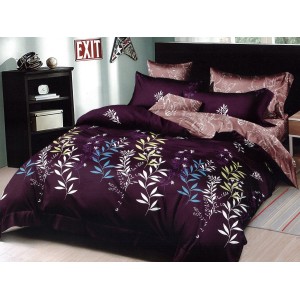 Lenjerie pat dublu, Pucioasa Romania, 4 piese, Bumbac Satinat Superior, Mov, frunze