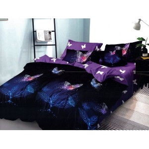 Lenjerie pat dublu, Pucioasa Romania, 4 piese, Bumbac Satinat Superior, Mov, fluturi