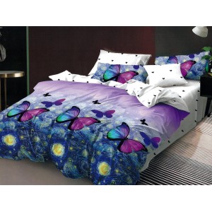 Lenjerie pat dublu, Pucioasa Romania, 4 piese, Bumbac Satinat Superior, Albastru, fluturi
