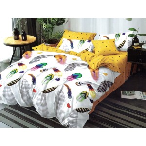 Lenjerie pat dublu, Pucioasa Romania, 4 piese, Bumbac Satinat Superior, Alb-Galben, pene