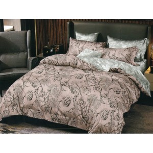 Lenjerie pat dublu, Pucioasa Romania, 4 piese, Bumbac Satinat Superior, Maro, frunze