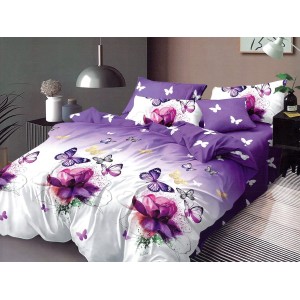 Lenjerie pat dublu, Pucioasa Romania, 4 piese, Bumbac Satinat Superior, Mov, flori, fluturi