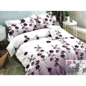 Lenjerie pat dublu, Ralex Pucioasa, Bumbac Finet, 6 piese, Alb-Mov, flori