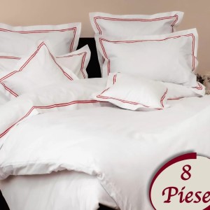 Lenjerie pat dublu, 8 piese, Bumbac 100% Percal, Alb-Rosu