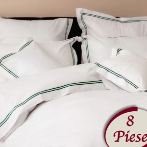 Lenjerie pat dublu, 8 piese, Bumbac 100% Percal, Alb-Verde