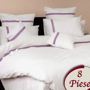 Lenjerie pat dublu, 8 piese, Bumbac 100% Percal, Alb-Mov