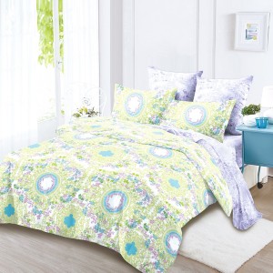 Lenjerie Pat Dublu, FINET, 6 piese, Verde, Lila, Flori, Cercuri