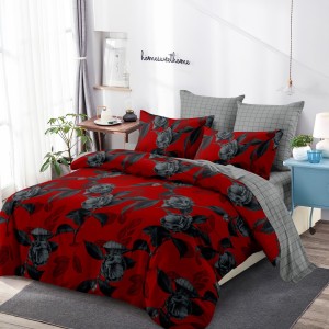 Lenjerie Pat Dublu, FINET, 6 piese, Roșu, Gri, Flori