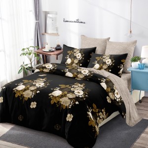 Lenjerie Pat Dublu, FINET, 6 piese, Negru, Bej, Flori