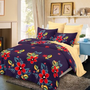 Lenjerie Pat Dublu, FINET, 6 piese, Mov, Galben, Flori