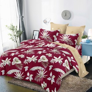 Lenjerie Pat Dublu, FINET, 6 piese, Grena, Bej, Flori