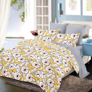 Lenjerie Pat Dublu, FINET, 6 piese, Galben, Alb, Flori Lenjerie Pat Dublu, FINET, 6 piese, Galben, Alb, Flori